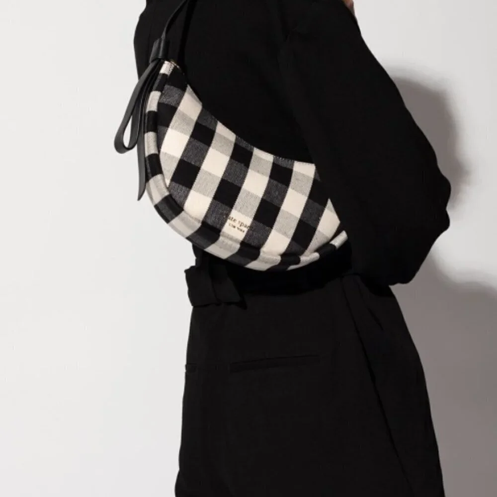 Kate Spade Smile Small Gingham Shoulder Bag Black Check Leather Trim